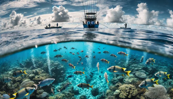 Offshore fishing boat with transparent water below showing fish