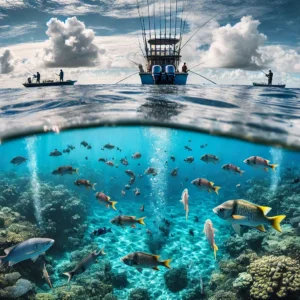 Offshore fishing boat with transparent water below showing fish